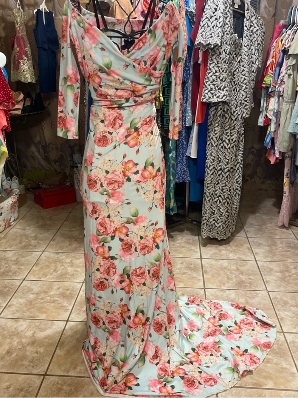 Mint Floral Maxi Dress with Pink Rose Print - Elegant Wrap Style